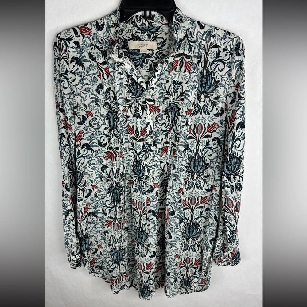 Loft Womens Shirt Small White Blue Red Floral Long Sleeve Lightweight Colorful